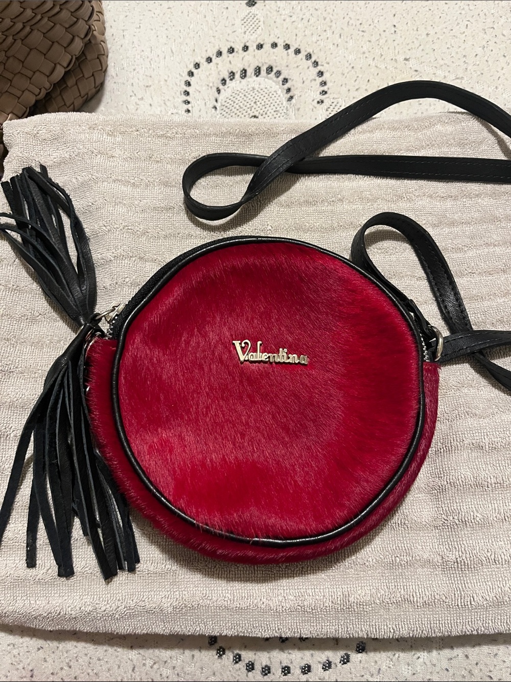 Valentina Red Dyed Pony Hair Round Crossbody Leather Strap Bag